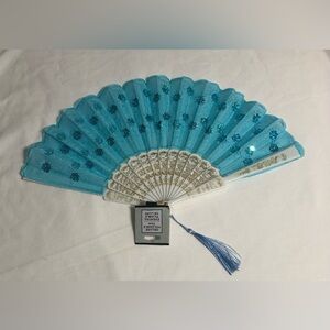 Blue foldable floral glitter Hand Fan with Tassel.10”L X 19” W